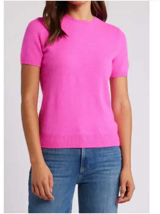 Caslon Sweaters - Caslon Wool and Cashmere Blend Short Sleeve Sweater in Pink Raspberry, Size XS
